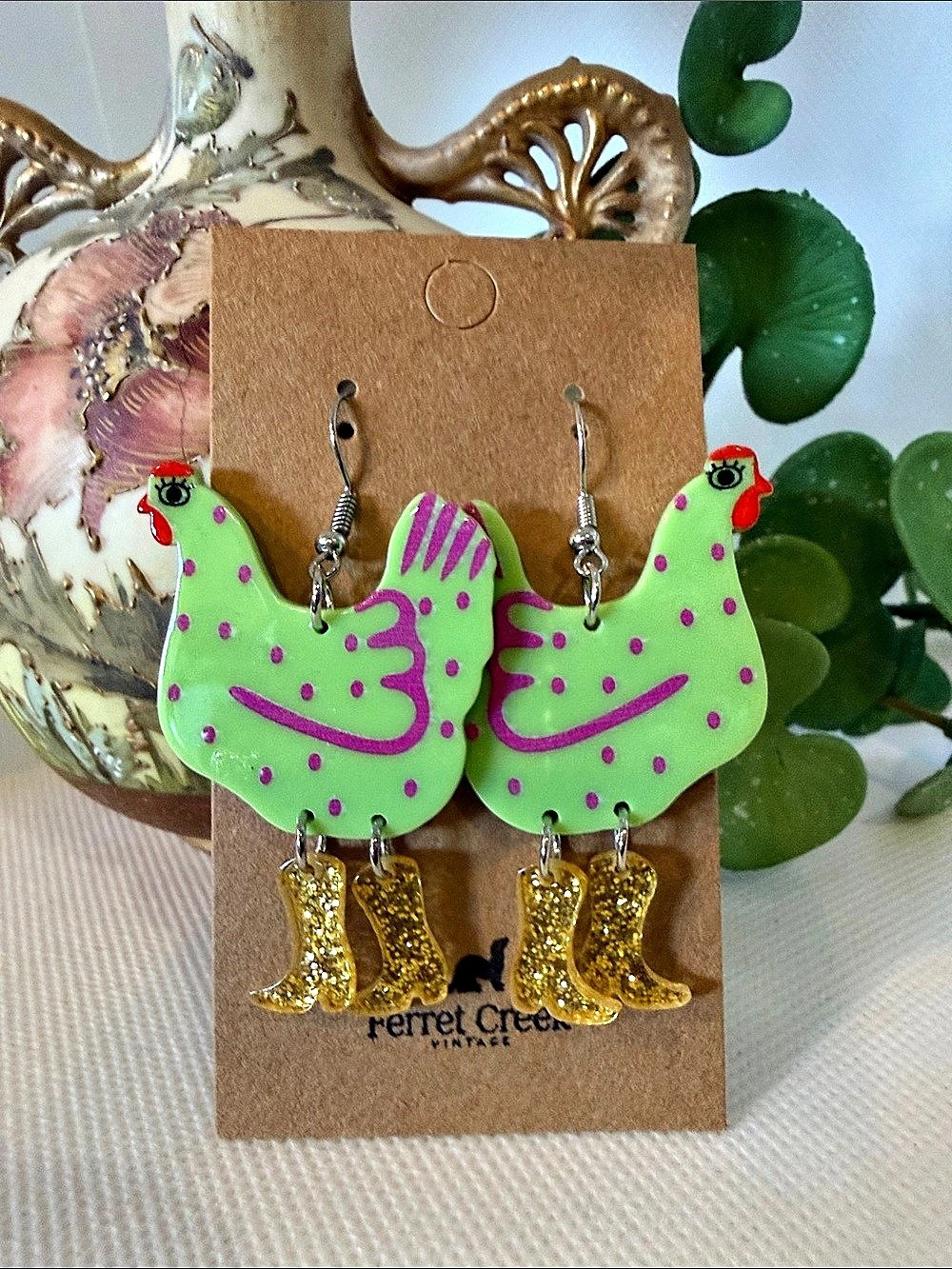 Party Time 🎉 gold glitter boots green Chicken hen novelty acrylic Earrings